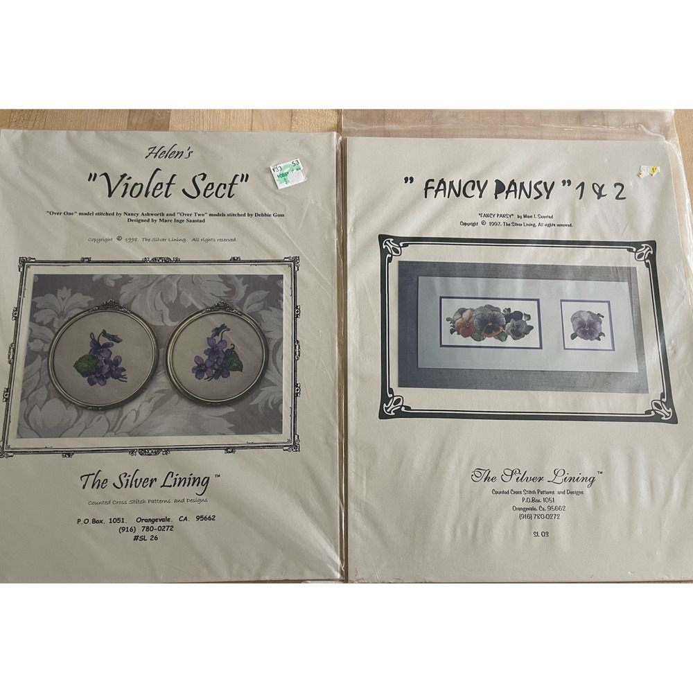 Lot Of 2The Silver Lining Cross Stitch Pattern Chart Laura Fancy Pansy Violets